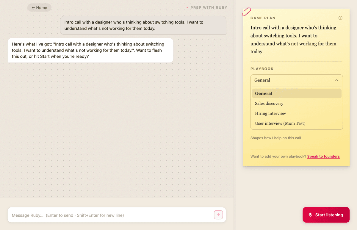 The prep screen with the playbook menu open, showing General, Sales discovery, Hiring interview and User interview options