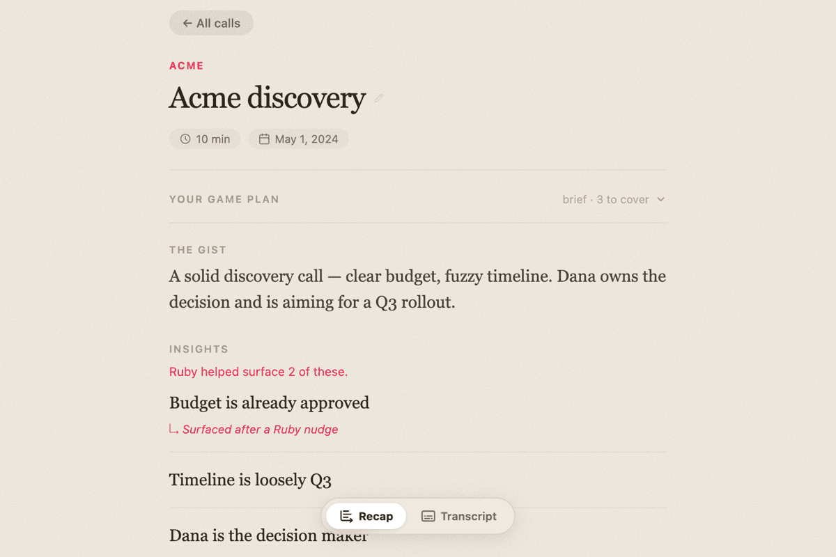 A finished recap card for an Acme discovery call, with the gist, insights and a Ruby-surfaced badge