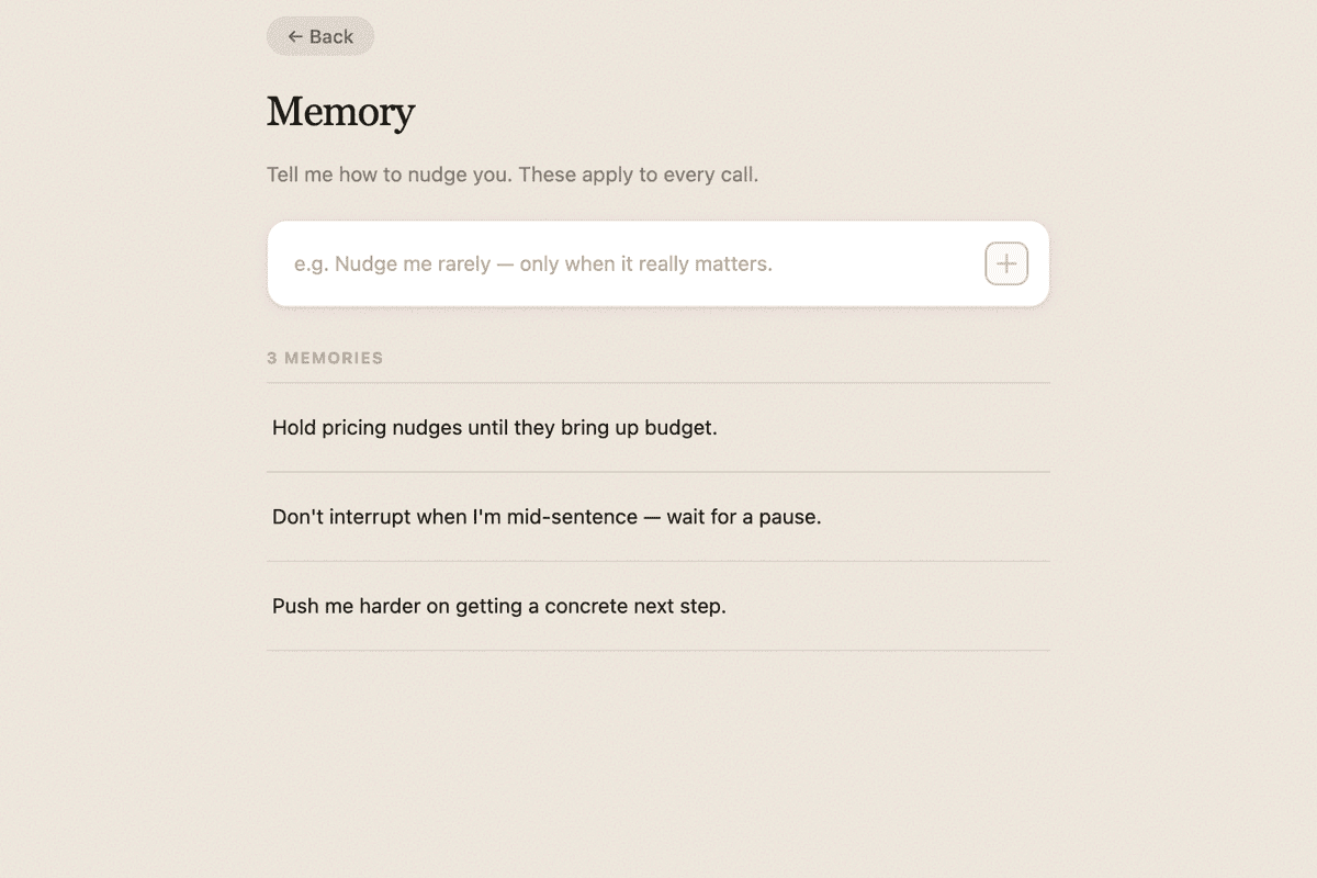 The Memory screen listing standing instructions for how Ruby should nudge