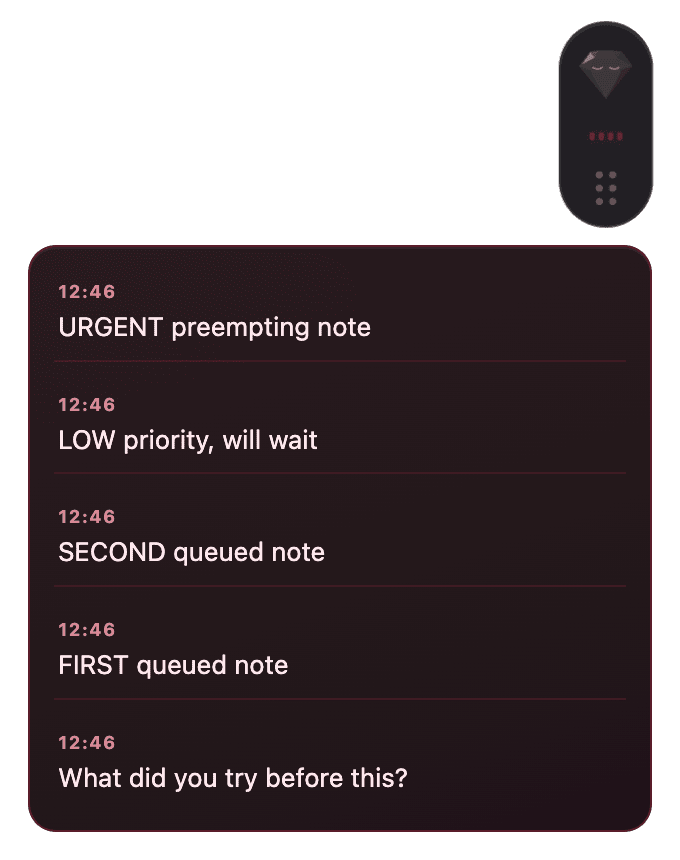 The expanded scrollback showing a timestamped list of notes from the call