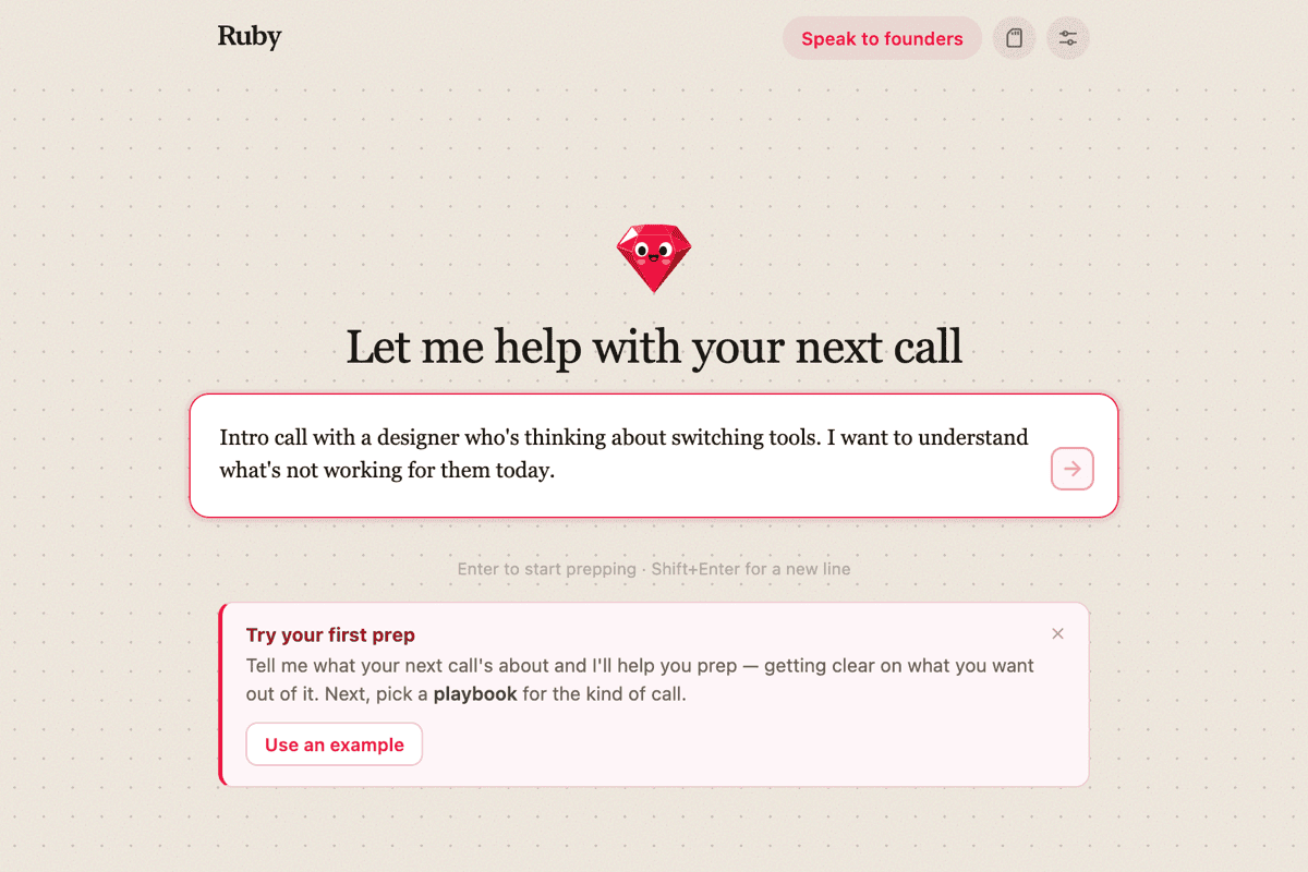 Ruby's home screen, with a text box to describe your next call